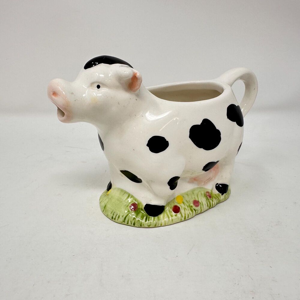 Vintage Ceramic Cow Creamer Pitcher Black White Spotted Farmhouse Milk Jug